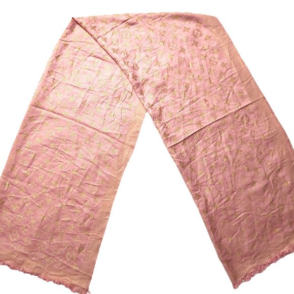LOUIS VUITTON LV Light Pink & Gold Monogram Shawl Scarf Wrap - Picture 2 of 10